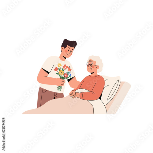 Grandson Visiting Grandmother in Hospital with Flowers