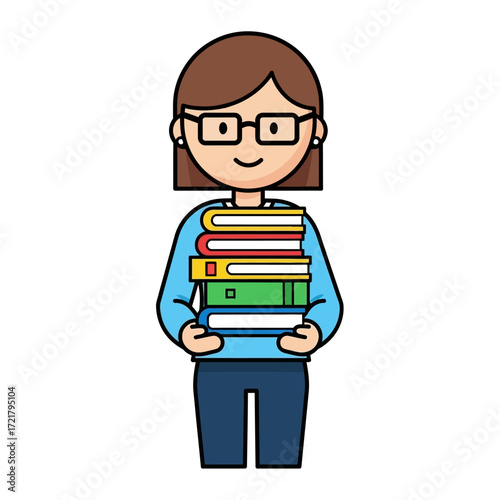 Happy Student Carrying a Stack of Books - Illustration
