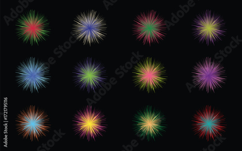Colorful starbursts explode with vibrant energy against a stark black background