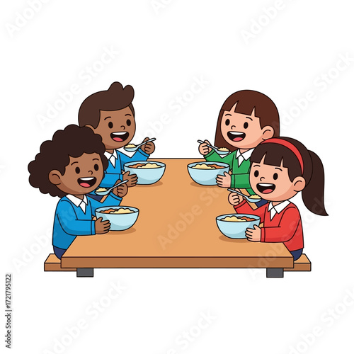 Happy kids enjoying mealtime together at school
