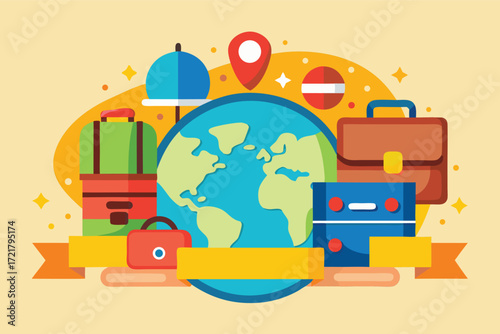 World travel and adventure elements represented with colorful suitcases, bags, and a globe