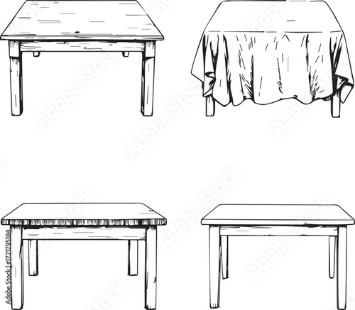 Set of four black and white table illustrations featuring wood grain, draped cloth, modern edges, and classic rectangular styles
