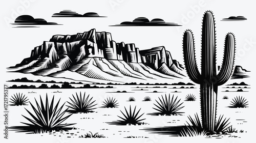Desert Landscape Vector,  Engraved Illustration Featuring Cacti, Mountains, Southwestern Style, Rustic Arid Scenery for Prints, Posters, Graphic Design, Nature Artwork, and Creative Projects