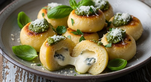 Wallpaper Mural Delicious Cheese-Stuffed Gnocchi Served with Pesto Sauce on Rustic Plate, Food Photography, Warm Kitchen Environment Torontodigital.ca