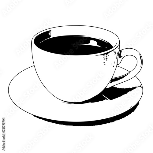 Black and white line art illustration of a classic coffee cup on a saucer, perfect for cafe menus and beverage icons