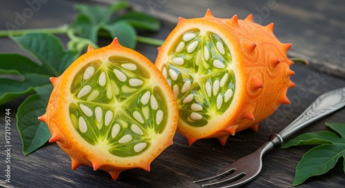 Wallpaper Mural Kiwano Melon Sliced, Fresh Produce Display, Rustic Kitchen Setting, Food Photography, Natural Light, Close-Up Perspective Torontodigital.ca