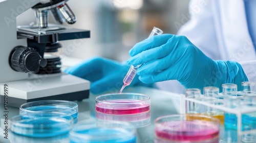 Researcher examining samples under a microscope on a lab desk with petri dishes and test tubes, clinical science