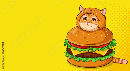 Cartoon cat dressed as hamburger on yellow background  