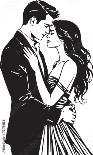 Black and white romantic couple illustration with man in suit and woman in strapless dress sharing an intimate, elegant moment