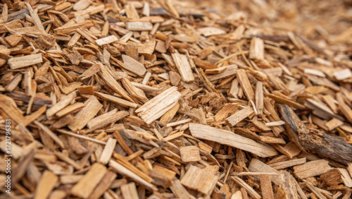 Pile of wood chip for biofuel renewable energy from forest waste management. This biomass material not for food but for sustainable heat and power production