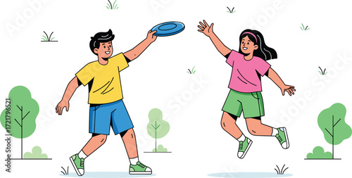 Happy kids playing frisbee outdoors, boy and girl enjoying summer fun activity, children running, jumping, smiling, friendship, healthy lifestyle, park play