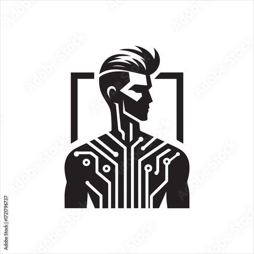 Cybernetic Humanoid Silhouette with Circuitry and Geometric Frame.