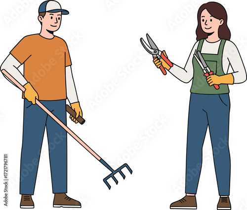 Outdoor gardening teamwork, pruning shears, rake, casual work clothes, spring yard maintenance, horticulture, teamwork, landscaping, gloves, apron, garden tools, soil care, green space, plant trimming