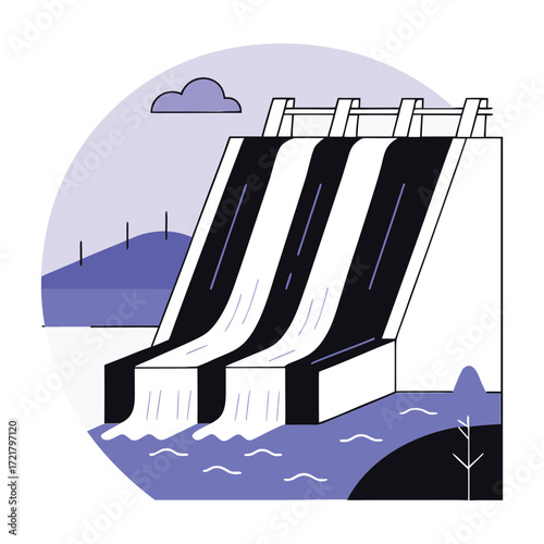 Colorful illustration of a hydroelectric dam releasing water.