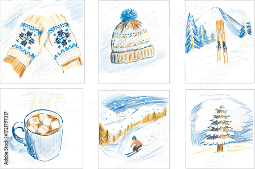  Winter holiday illustration set, hand drawn sketch style with mittens, knitted hat, hot chocolate, snowy mountain, Christmas tree, cozy seasonal collection for festive design projects