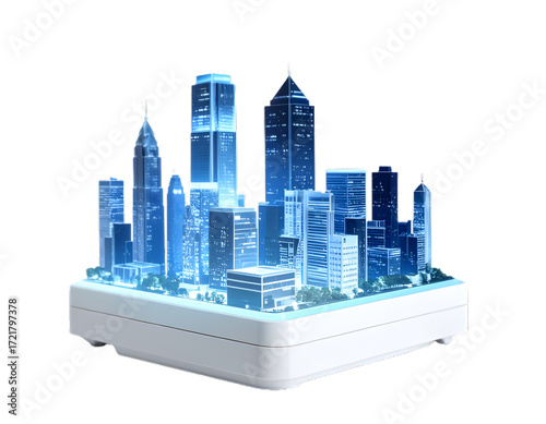 A city skyline with buildings and lights