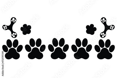 Cute black paw prints and playful shapes scattered across a white background for pet lovers