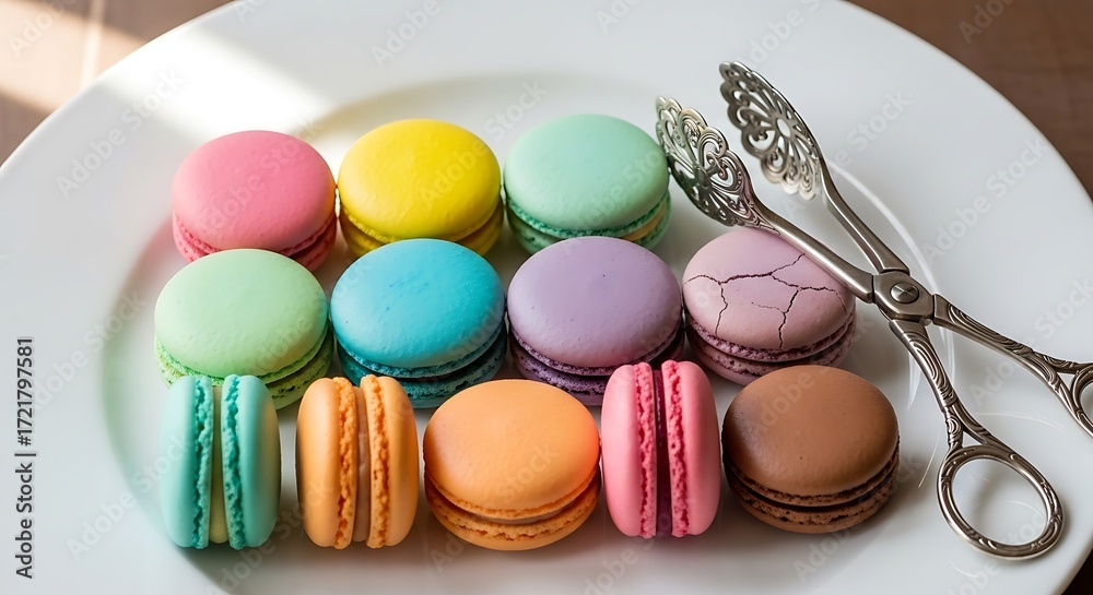 Obraz premium Colorful Macarons on a White Plate with Silver Tongs.