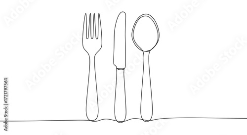 Cutlery set of fork, knife, and spoon in minimalist line art style  