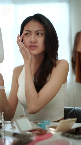 Vertical video. Close-up Worried Asian woman looking at mirror, touching dry irritated skin and acne spots. Female feeling unhappy with wrinkles and face dehydration, searching for skincare solution. 