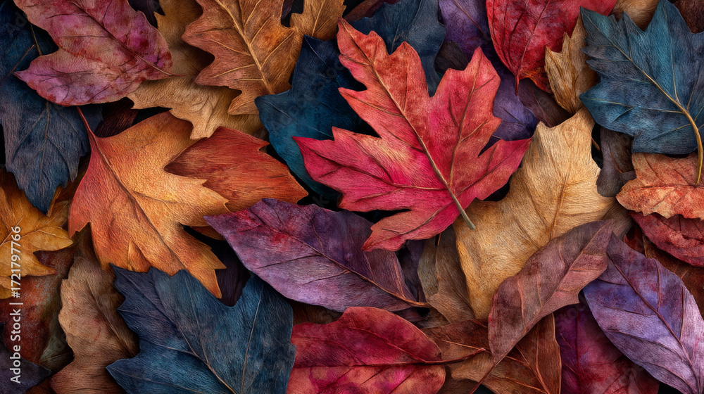 Obraz premium Collection of colorful autumn leaves scattered on the ground. Red, orange, brown, dark blue leaves of maple and oak shapes layered. Autumn warm and cozy background. Generative AI