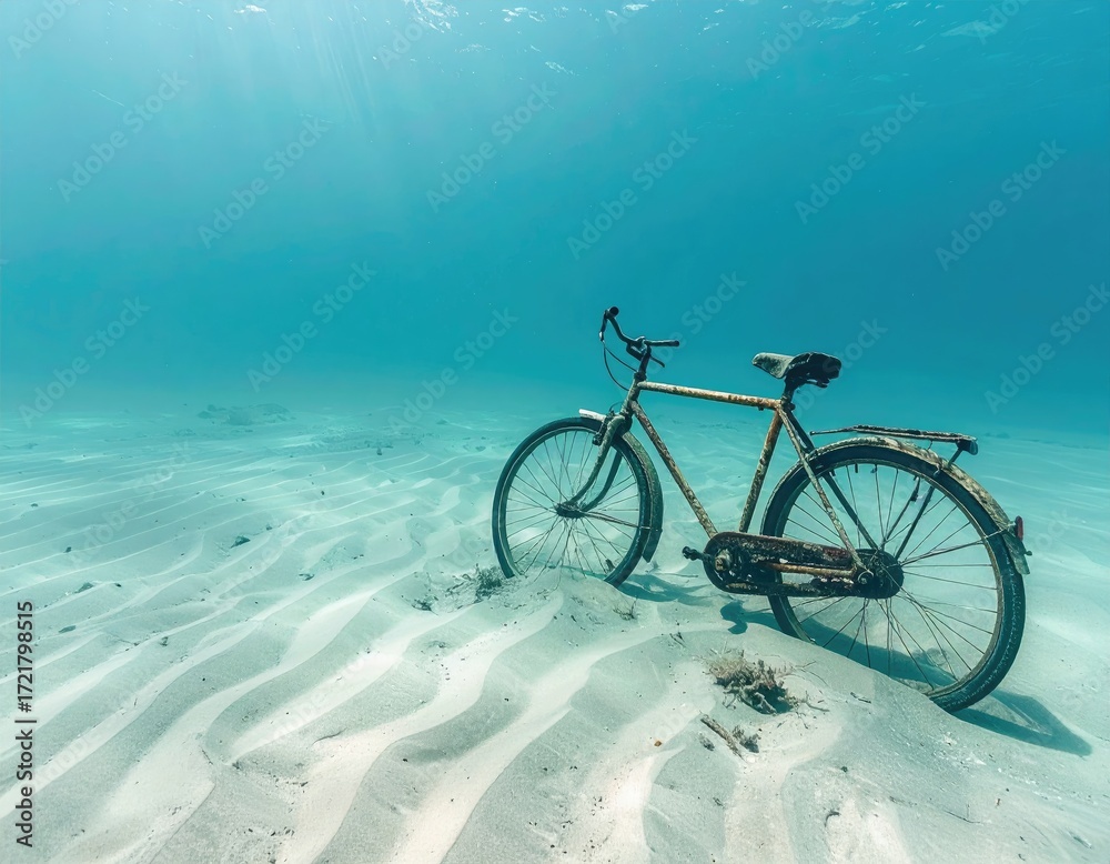 Fototapeta premium Abandoned Bicycle Submerged: A vintage bicycle rests submerged underwater on a seabed, the ethereal blue light creates a haunting and tranquil scene of forgotten journeys.