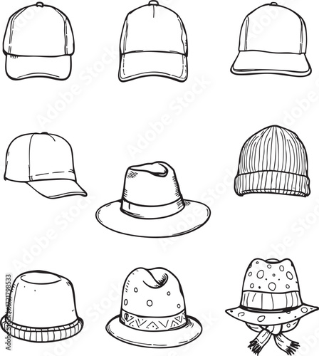A collection of nine hand drawn hats including baseball caps fedoras beanies and other stylish headwear