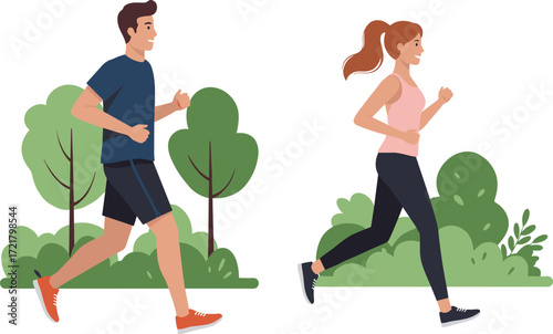 Outdoor jogging, healthy lifestyle, fitness activity, park running, morning exercise, athletic couple, wellness routine, nature workout, active people, cardio training