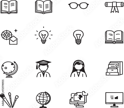 A collection of education related icons including books globes and graduation related items in black and white