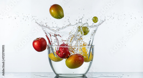 Fresh fruits splashing into glass bowl with water droplets  