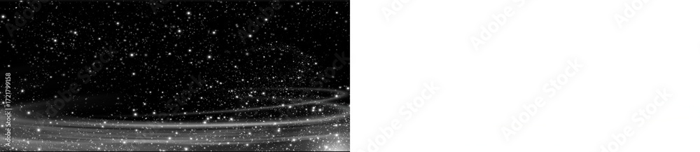 Obraz premium Black and white PNG overlay featuring swirling light trails and sparkling stars, creating a mystical atmosphere with ample copy space for design applications