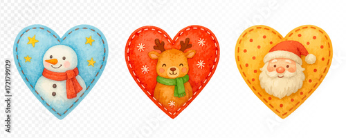 Christmas felt hearts with snowman, reindeer and Santa Claus, cozy handmade fabric ornaments in bright festive colors with watercolor texture for holiday decor. Vector illustration.