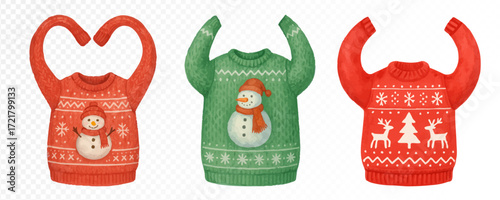 Christmas sweaters set with festive patterns including snowman, reindeer and tree, cozy holiday knitwear in bright red and green watercolor style. Vector illustration.