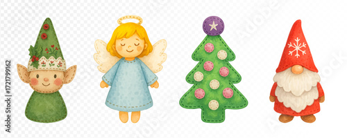 Christmas characters set with elf in tree hat, angel with wings, decorated Christmas tree and gnome in red hat, festive cozy watercolor holiday design. Vector illustration.