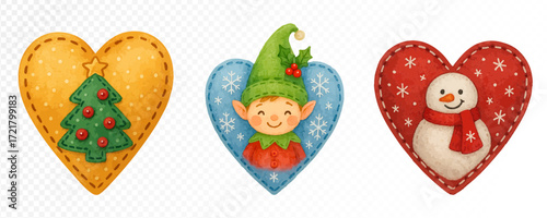Christmas felt hearts with decorated tree, smiling elf and snowman in scarf, handmade cozy fabric ornaments in bright festive watercolor style. Vector illustration.