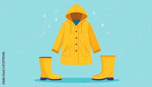 Flat vector illustration of a raincoat with hood and rain boots, simple clean lines