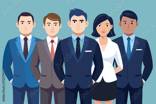 Five professionals dressed in business attire standing together against a blue background