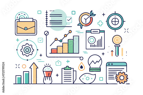 Visual representation of data analysis and business growth concepts in a colorful graphic design