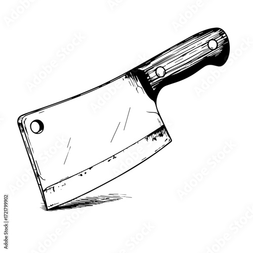Detailed hand-drawn sketch of a vintage meat cleaver. A powerful culinary tool symbolizing traditional butchery and food preparation