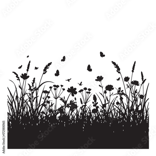 Meadow-themed border, grassy banner, herb silhouette design.