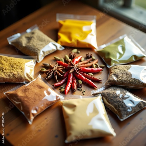 Arranged neatly clear plastic packets, on a kitchen table, each filled with a different colored spice blend.
