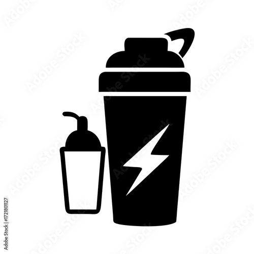 Sports drink shaker bottle with lid and smaller cup beside it  