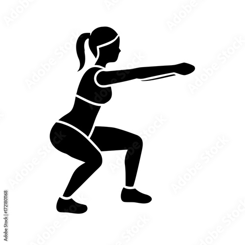 Woman performing squats in fitness outfit on plain background  