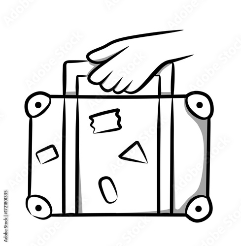 Hand drawn suitcase held by hand vector illustration with sketch style and black outline designed as travel luggage element for journey concept, vacation symbol, or modern graphic decoration.
