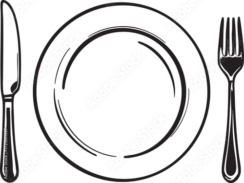 A simple black and white illustration of a plate with a fork and knife on a white background