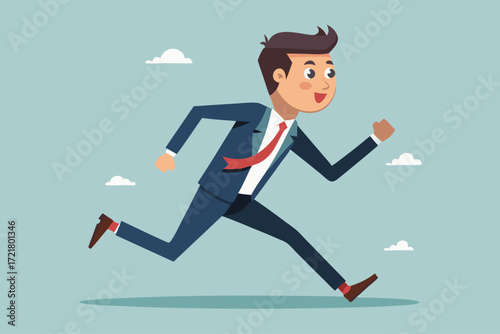 Businessman running quickly in a suit with a cheerful expression in a clear blue sky