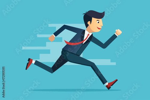 Businessman in a suit running swiftly with determination against a blue background