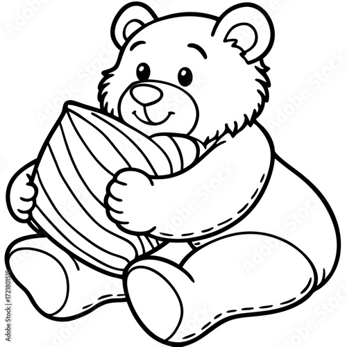 Adorable Cartoon Teddy Bear Holding Striped Pillow; Childish, Black and White Line Art Illustration.