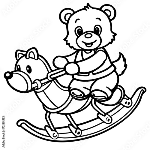 Adorable Teddy Bear Riding Rocking Horse: Childlike, Line Art Illustration, Playful Mood