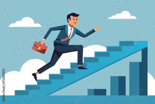 Business professional running up stairs in a bright office environment to represent progress and ambition